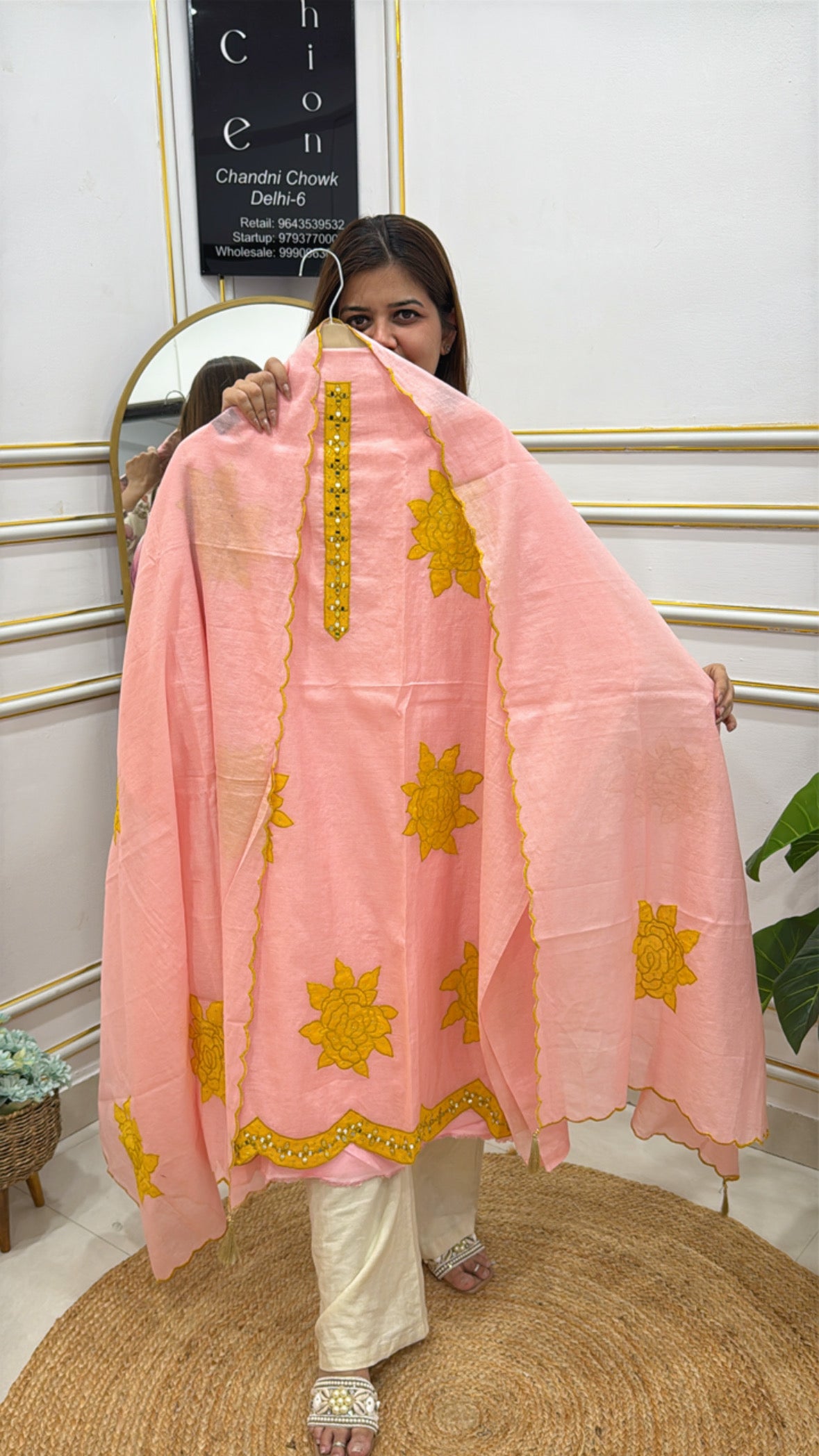 Pink Chanderi Chikankari Cape from The Grace Fashion with Yellow Floral Embroidery Detail